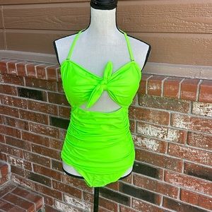 Tempt Me Tummy Control Retro High Waist Swimsuits in Neon Green Size Large NWT